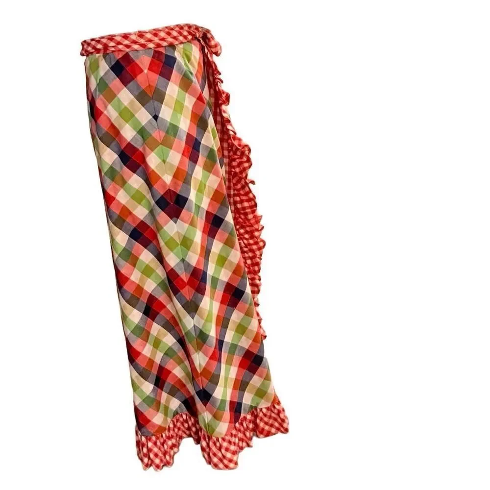 Vtg 70s Red Gingham Plaid Reversible High Waist Ruffle Wrap Full Maxi Skirt L